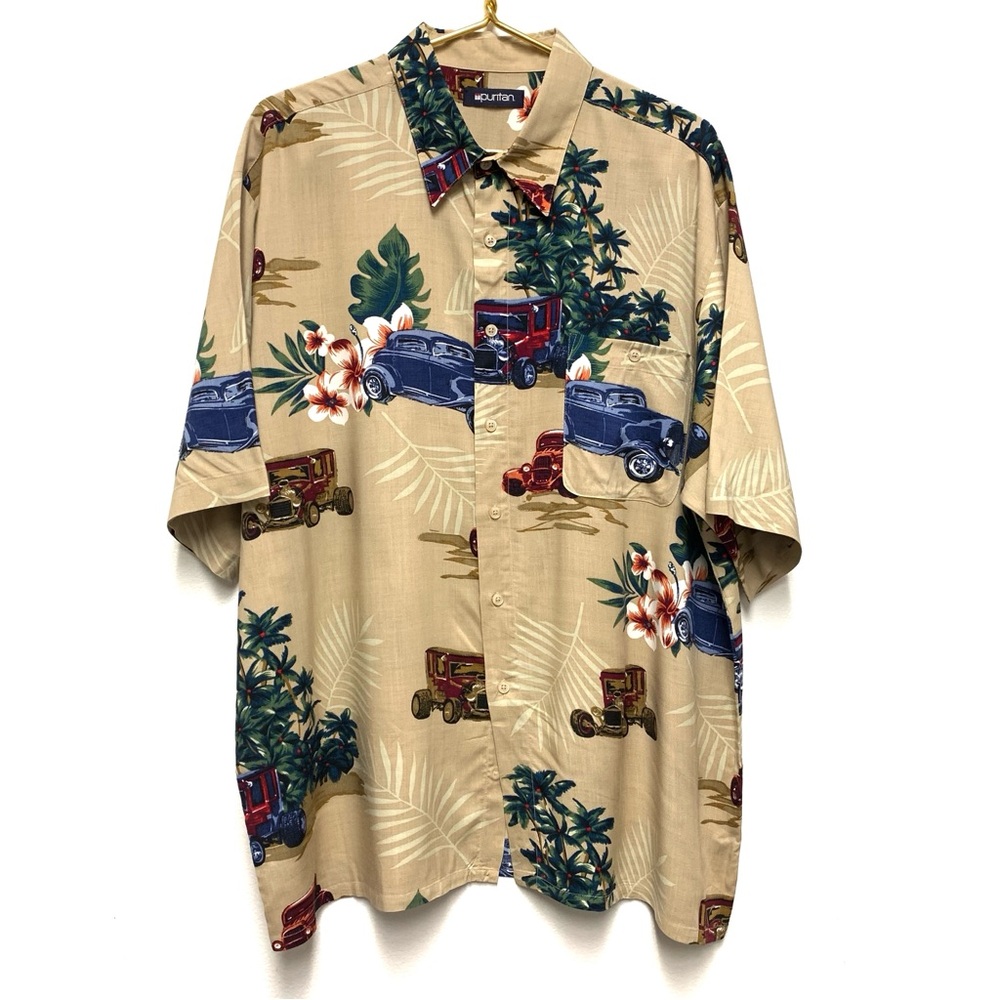 Vintage Hawaiian Shirt Size XL Classic Cars Palm Tree Short Sleeve Puritan Beige